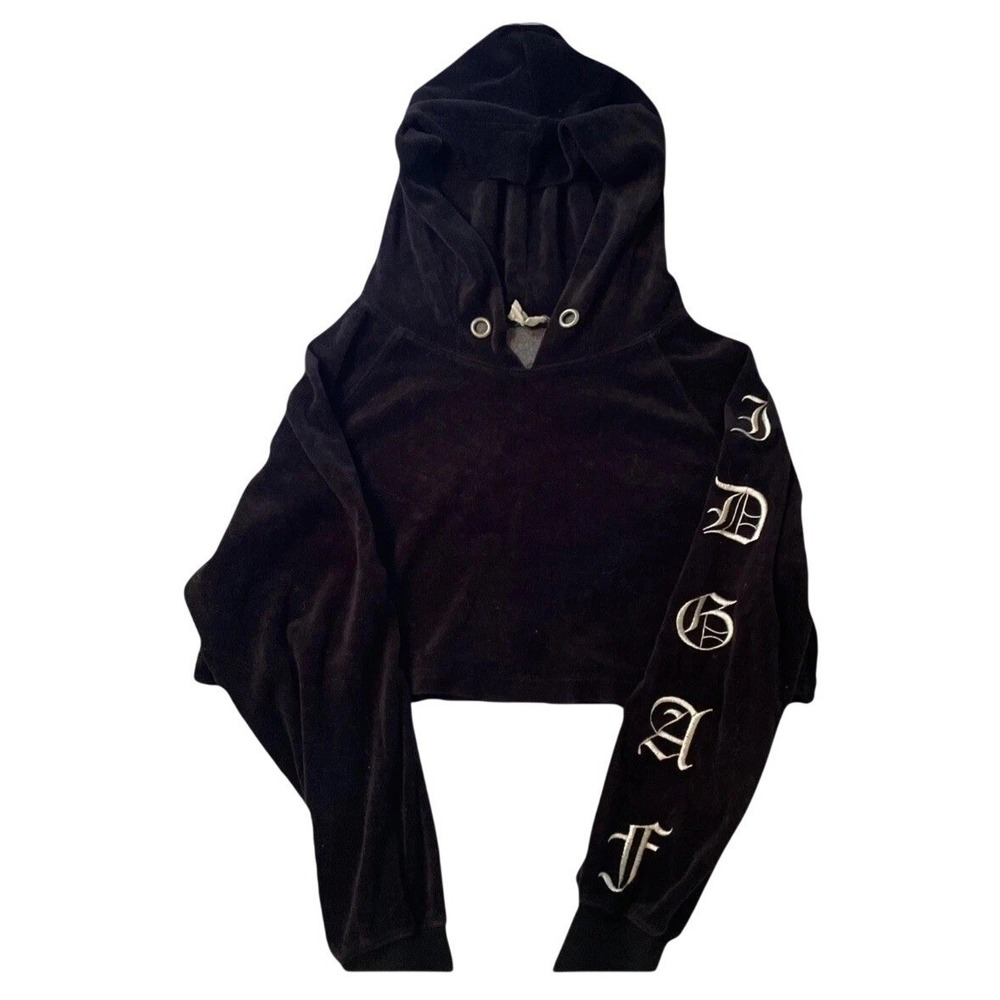 Emory Park IDGAF Velour Cropped Hoodie Womens Small Black Gothic Sleeve Graphic